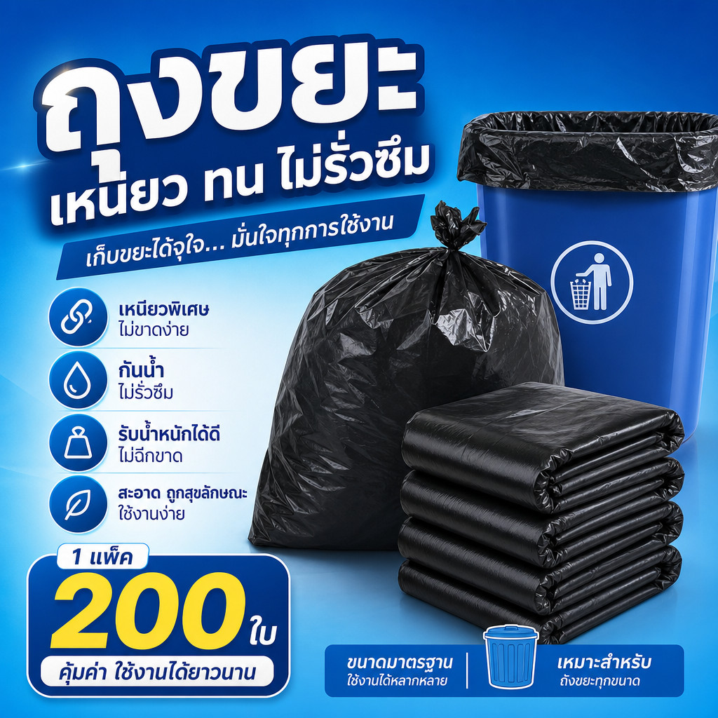 200ชิ้น ถุงขยะ ถุงขยะดำ ถุงดำ เกรดA ใช้งานง่าย ราคาประหยัด ไร้กลิ่น ﻿ ﻿ตัวเลือกหลายขนาด