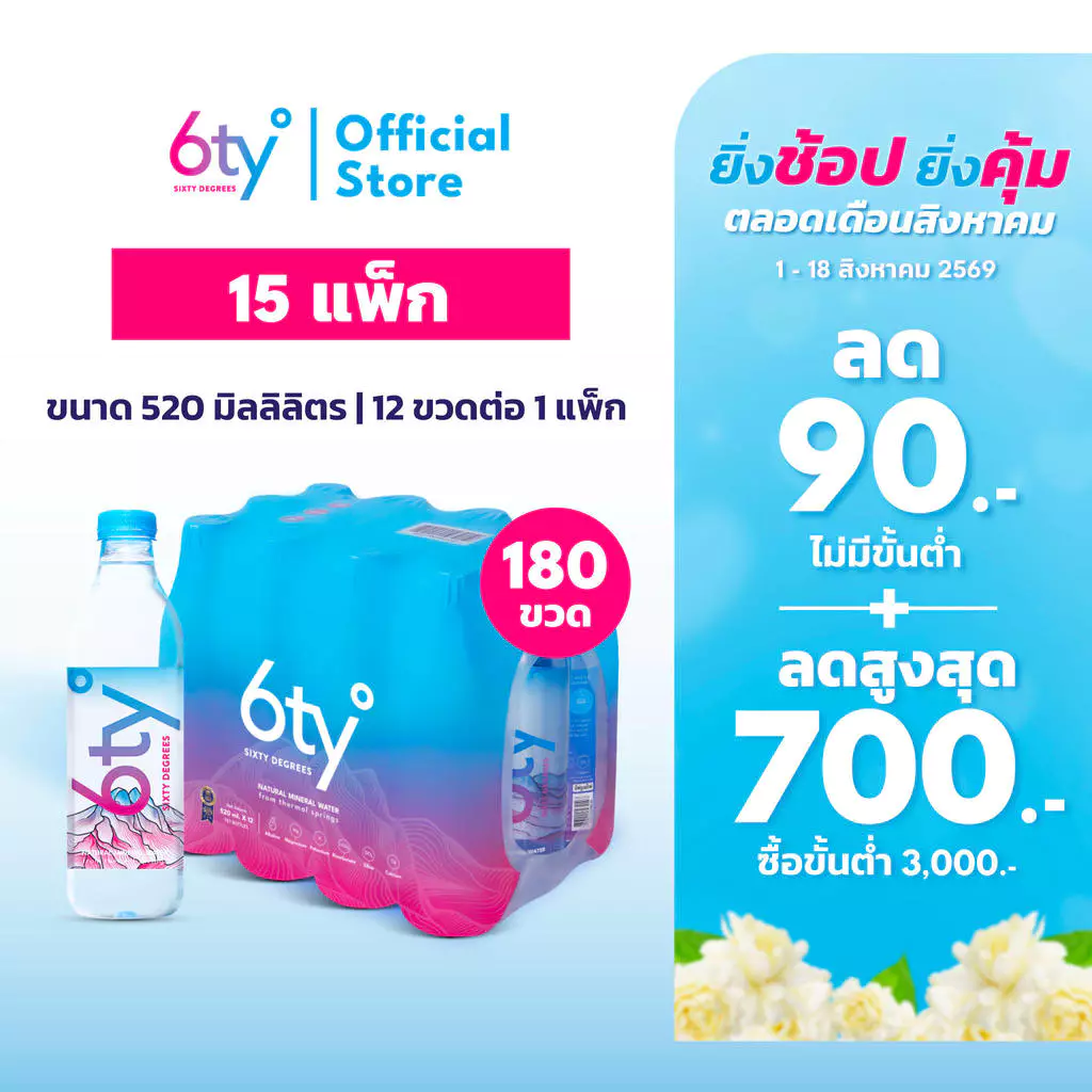 [ส่งฟรี] 520ml 15 แพ็ก 180 ขวด นํ้าแร่ 6ty Degrees Mineral Water น้ำแร่ธรรมชาติ 100% จากแหล่งน้ำแร่เชียงดาว