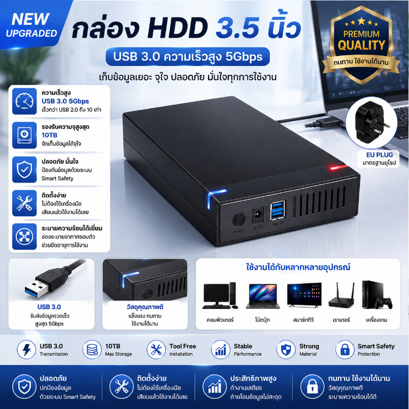 Hdd Case USB 3.0 ถึง SATA III10TB ฮาร์ดไดรฟ์ภายนอก 3.5 นิ้ว Hard Drive Enclosure อะแดปเตอร์ความเร็วสูงสําหรับ PC Lapop
