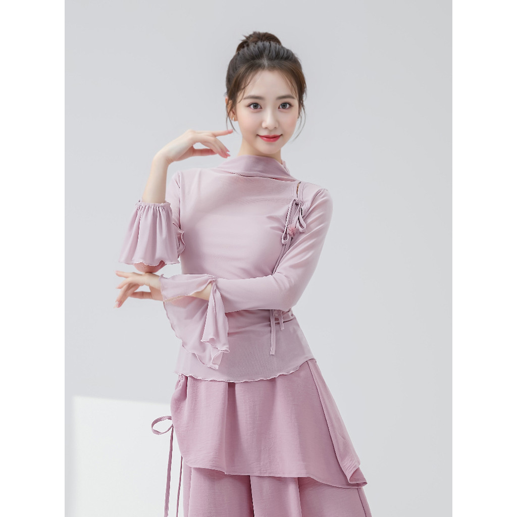 GTD Latin Dance Tops ผู้หญิงแขนใบบัว Elegant Practice เสื้อผ้า Laced-Up ครึ่งสูงคอยาวแขนยาว Ga