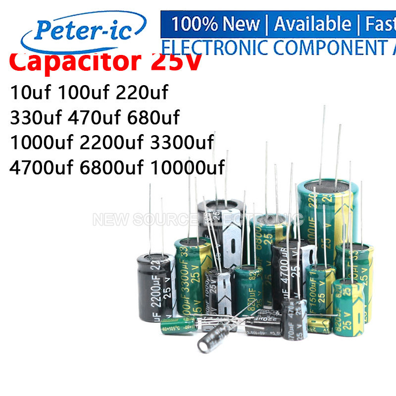(1-100 ชิ้น) 25V 100uf Electrolytic Capacitor 10uf 100uf 220uf 330uf 470uf 680uf 1000uf 2200uf 3300u