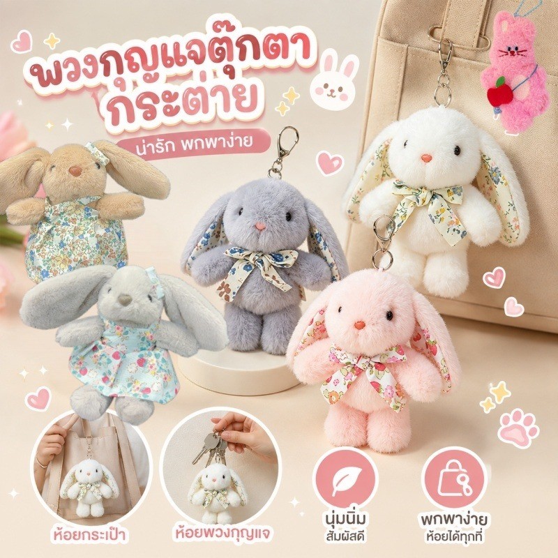COD พวงกุญแจ ตุ๊กตากระต่ายมินิ ขนนุ่มฟู โบว์ลายดอกไม้ จี้ห้อยกระเป๋า กุญแจ ของขวัญ
