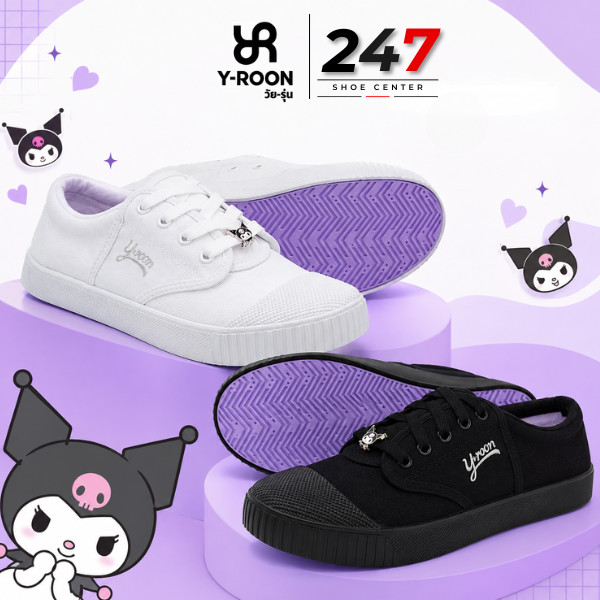ส่งตรงโรงงาน Y-ROON รองเท้าผ้าใบนักเรียนชาย รุ่นY999 สีดำ ลายคุโรมิ Kuromi พื้นม่วง ลิขสิทธิ์แท้