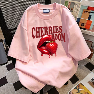 เสื้อยืดโอเวอร์ไซซ์ผู้หญิง ผ้านุ่มหนา CHERRIES แฟชั่นสไตล์เกาหลี [งานเกรดพรีเมียม งานเกรด A]