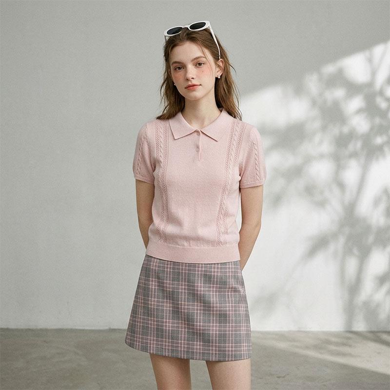 T8030 เสื้อแขนสั้นถักแบบโปร่งเจาะรู คอโปโลสำหรับผู้หญิง ทรงหลวม ผ้าเทนเซล Lyocell นุ่มสบาย เหมาะสำหรับฤดูร้อน