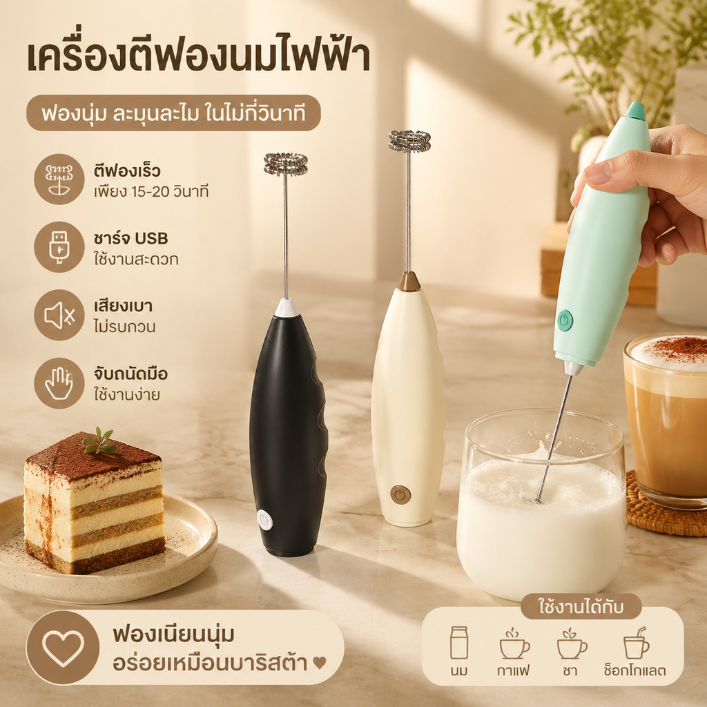 เครื่องตีฟองนม ที่ตีฟองนมไร้สายขนาดเล็ก เครื่องตีฟองนม 2 in 1 (ครีม)
