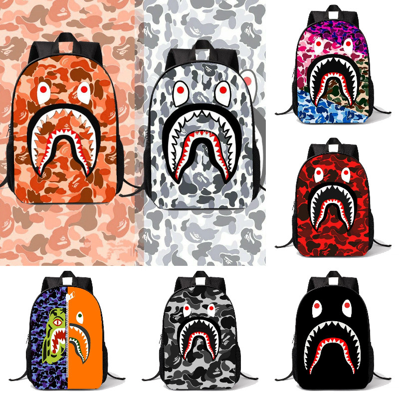 กระเป๋าเป้สะพายหลังเด็ก Bape นักเรียนพิมพ์กระเป๋าเป้สะพายหลังฉลามกราฟฟิติปากใหญ่ความจุขนาดใหญ่กระเป๋าสบาย