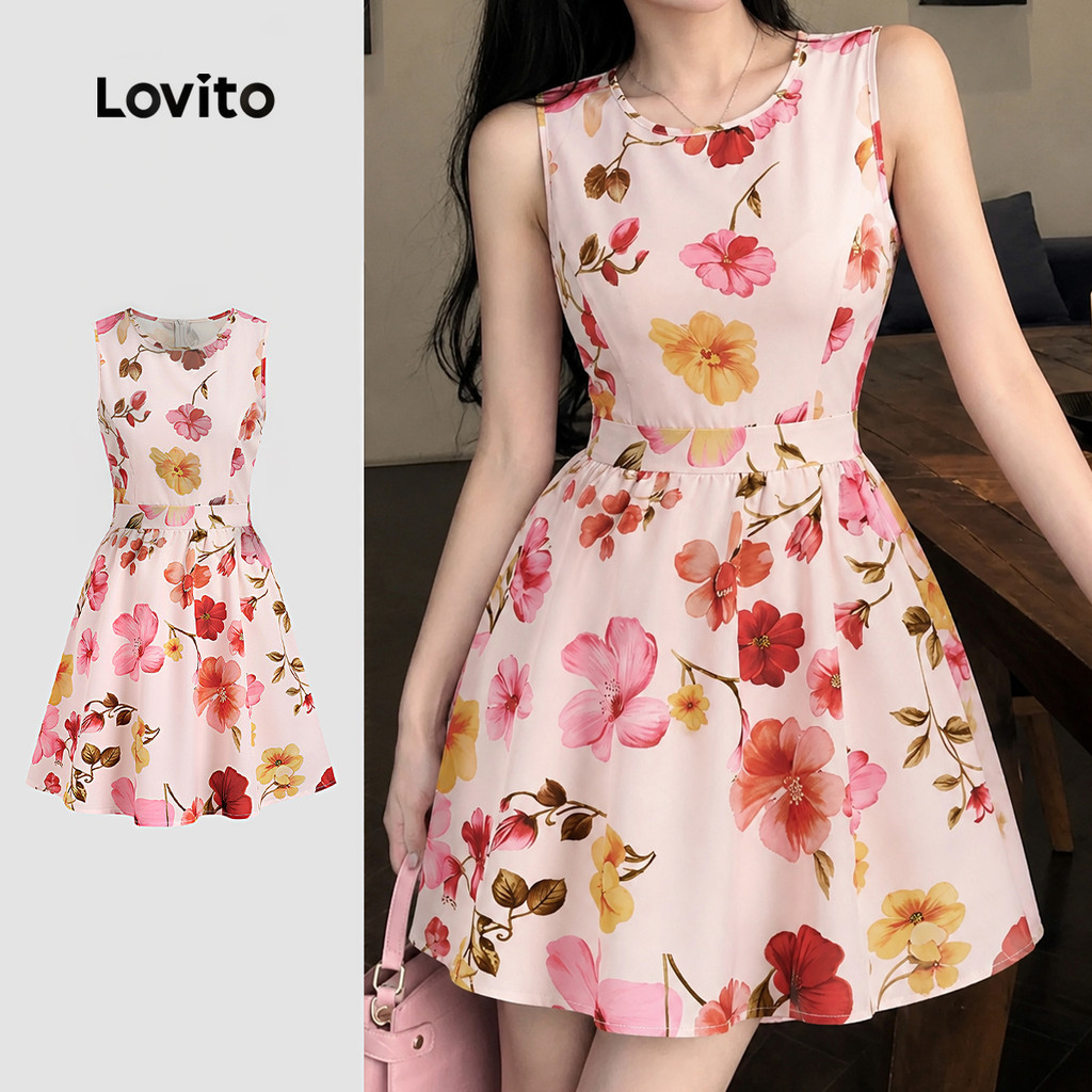 (New Arrival) Lovito เดรสสีชมพูแต่งระบายสไตล์หรูสําหรับฤดูร้อน/ฤดูร้อนของผู้หญิง L195ED178