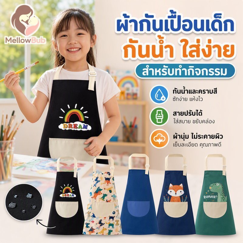 เด็กผ้ากันเปื้อนกันน้ําศิลปะสม็อคปรับสายรัดผ้านุ่มทําความสะอาดง่ายสําหรับจิตรกรรมทําอาหาร