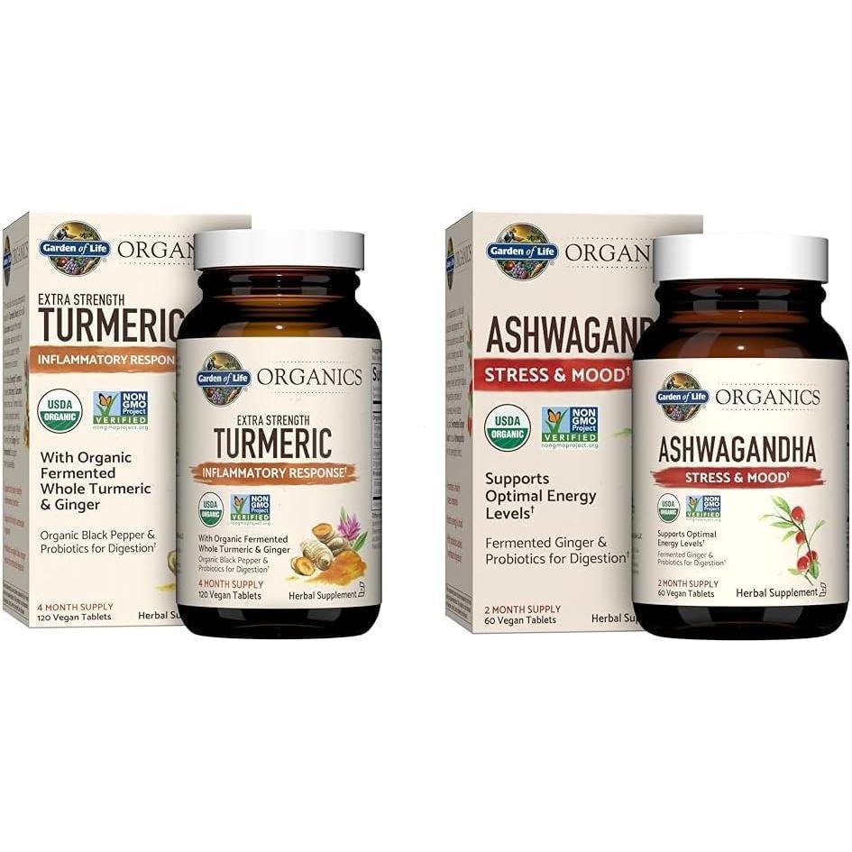 Garden of Life Organics Extra Strength 120 เม็ด ขมิ้นเพื่อการตอบสนองความเครียด Ashwagandha 60 เม็ด M