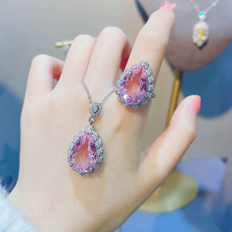 คลังสินค้าพร้อม 7.5ct Birds Nest Cut Water Drop Shape Cherry Blossom สีชมพู Morganite แหวนสดปรับสีสั
