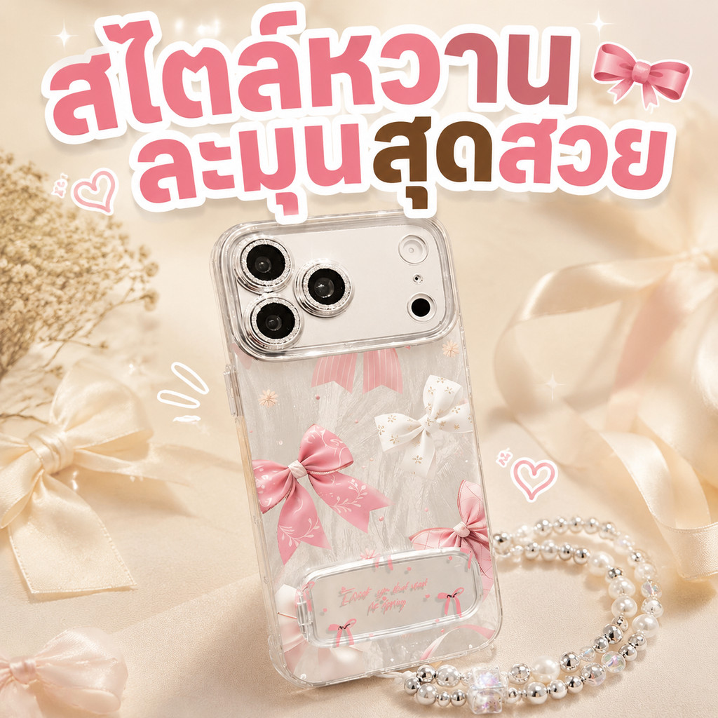 เคสไอโฟน iphone 17 pro max เคสไอโฟน 13 11pro 15 ลายโบว์สีชมพูขาวพื้นเงินมีขาตั้ง พร้อมส่งLRYSJK43