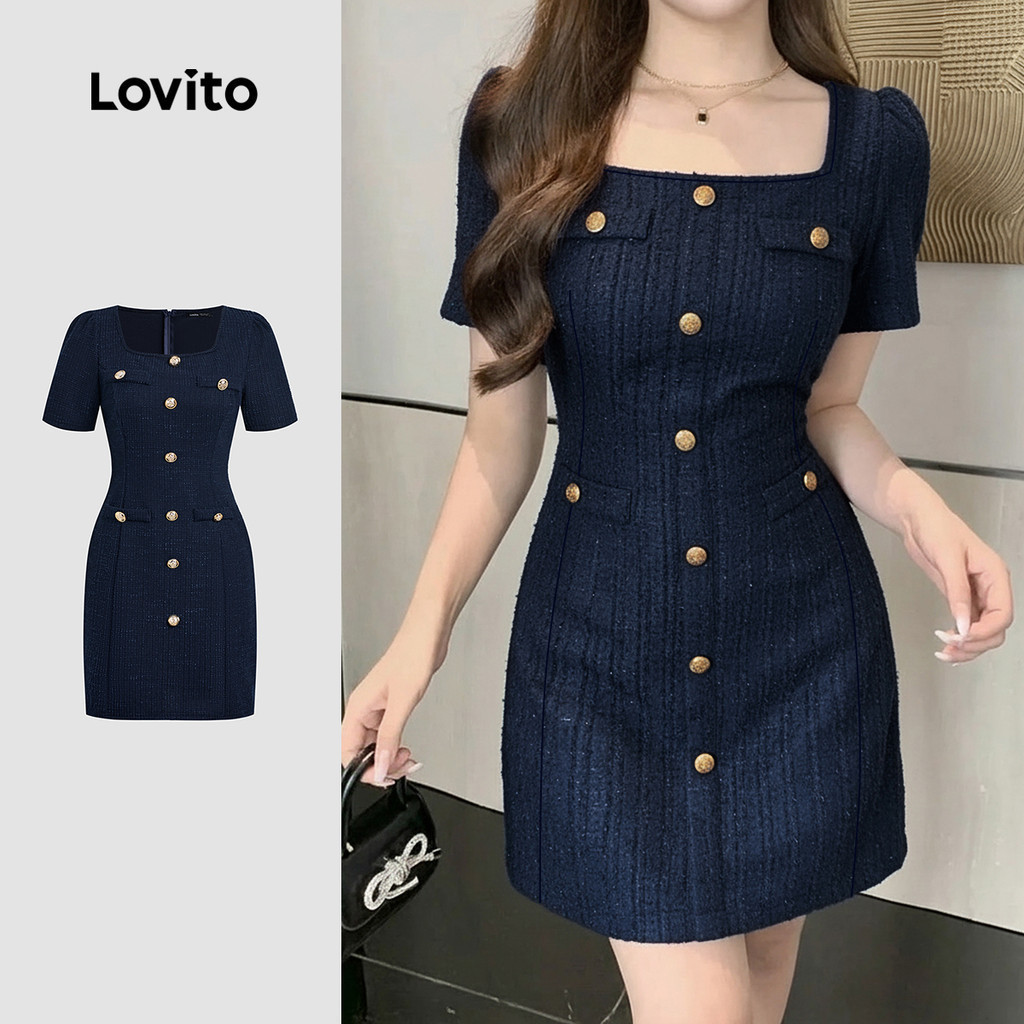 Lovito สง่างาม เดรสสีดําฤดูใบไม้ผลิ/ฤดูร้อนสไตล์ชาแนล ติดกระดุมด้านหน้า แบบ LK2ED1279