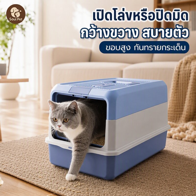กระบะทรายแมว ห้องน้ำแมว ปิดเปิดได้ กันกลิ่น ขอบสูง มีประตูสวิง ถอดล้างง่าย สำหรับแมวใหญ่