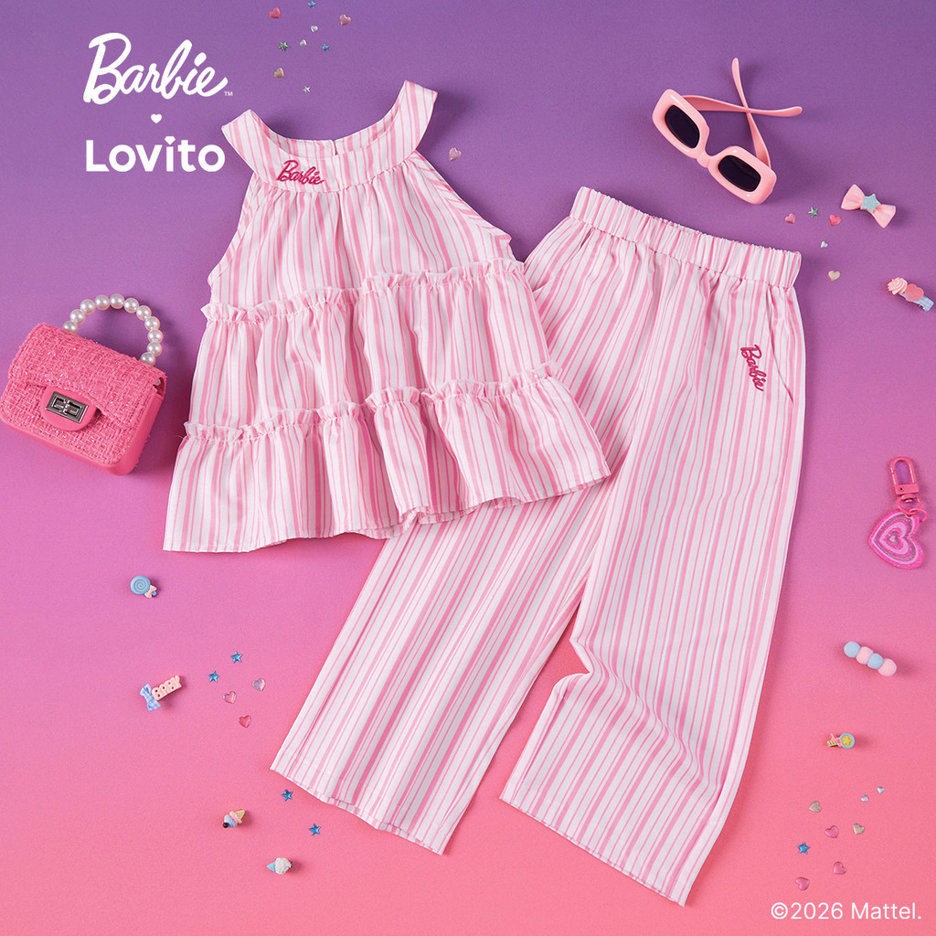 Barbie™ X Lovito Kids เสื้อท็อปสีชมพูเด็กผู้หญิง ฤดูใบไม้ผลิ/ร้อน ไม่มีแขนคอฮอลเตอร์ เอวสูง ขาตรง ปักลายและกระเป๋า เกาหลี อินเทรนด์ LBL5AD034
