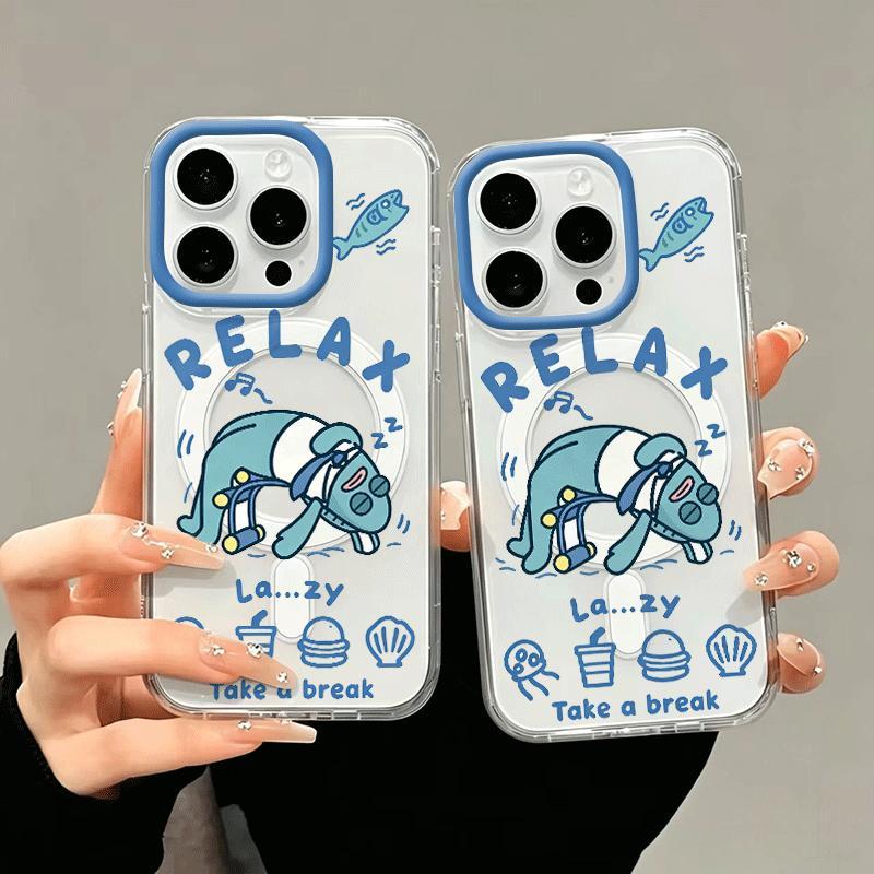 เคสใสลายหมาน้อยสีฟ้า RELAX วงแหวนแม่เหล็ก ขอบเลนส์ฟ้า กันกระแทก สำหรับ iPhone NLDKCXK6557