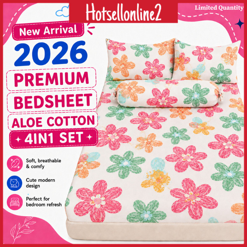 HOT_ Aloe Cotton Set Cadar Best Seller 4 in 1 Queen 2 in 1 Single I Cadar Viral I ชุดผ้าปูที่นอนรัดม