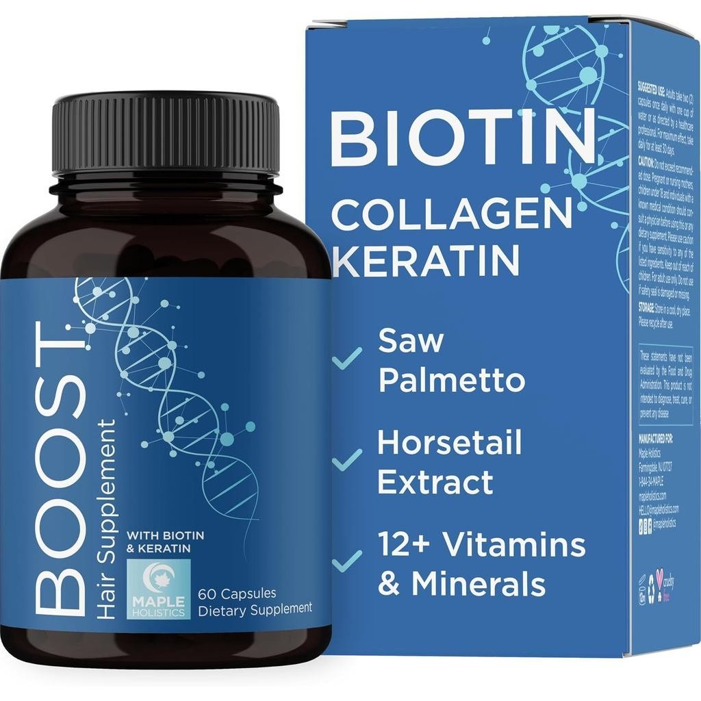 Biotin 10000mcg และอาหารเสริมคอลลาเจน - อาหารเสริมการเจริญเติบโตของเส้นผมพร้อมเลื่อย Palmetto สําหรั