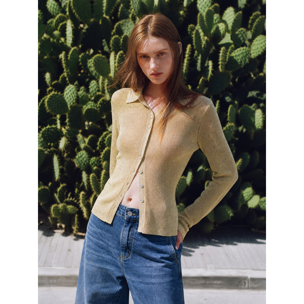 [Gilt Gloss] Commuter POLO Collar Gold Silk Pit Strip Slim-fit Slimmer Look Sweater Top + กระโปรงผู้