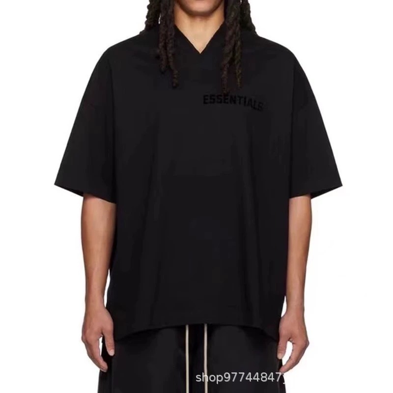 NUD1 FOG FEAR OF GOD Double Line ESSENTIALS High Street V คอผ้าฝ้ายแท้คู่ผู้ชายผู้หญิงเสื้อยืดแขนสั้