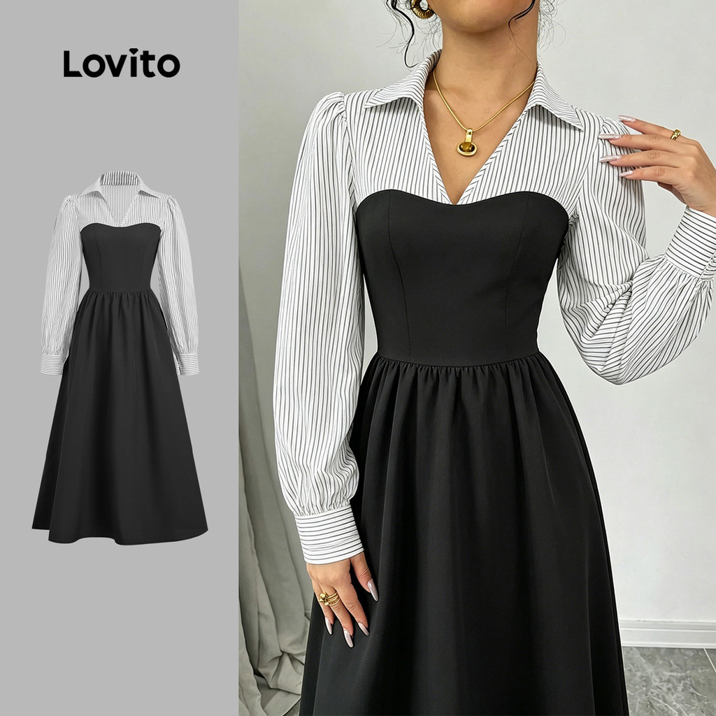 (New Arrival) Lovito เดรสสีดําผ้าเย็บปะติดสีตัดสําหรับผู้หญิง Elegant Dress เหมาะสําหรับฤดูใบไม้ร่วง/ฤดูหนาว LBL37008
