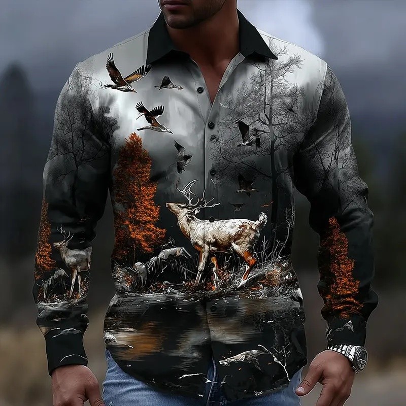 Retro Mens Reindeer Aztec เสื้อวัฒนธรรมอินเดียเสื้อแขนยาว Casual Mens Deer Hunter Tops 3D พิมพ์เสื้อ