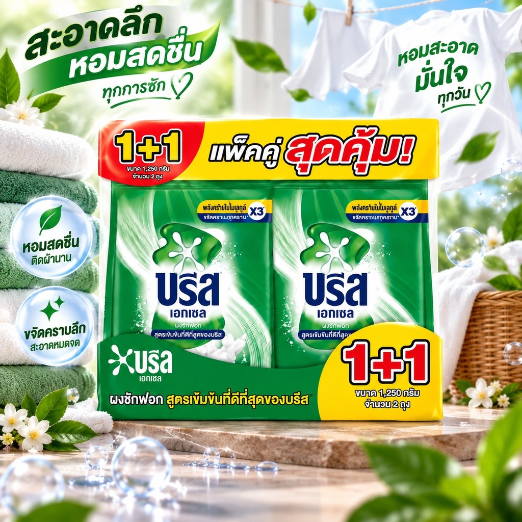 2 ถุง บรีส เอกเซล ผงซักฟอก สีเขียว 1250 กรัม (แพ็ค 1+1)