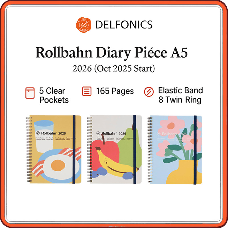DELFONICS Rollbahn Diary Pièce A5 2026 Monthly Planner (Oct 2025 Start) – 165 Pages, 5 Pockets, Elas