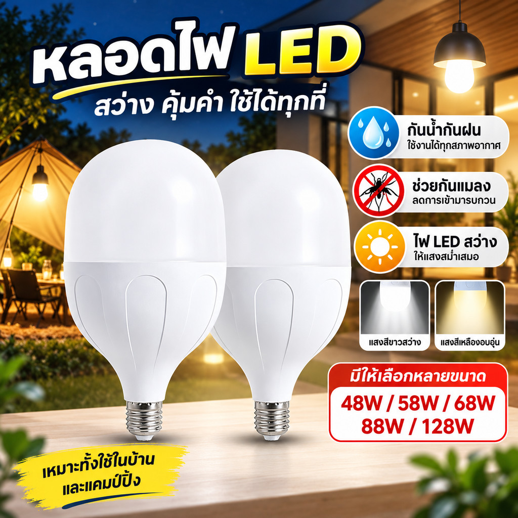 🔥รับประกัน🔥 หลอดไฟ LED หลอดไฟประหยัดพลังงาน 128W 88W 68W 58W 48W หลอดไฟ  ใช้ไฟฟ้า220V แสงขาว วอร์ม/ขาว ขั้วหลอดไฟ e27