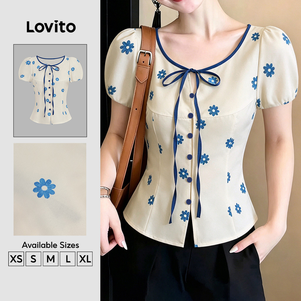 Lovito เสื้อลำลองสไตล์เกาหลีแบบสีตัดกัน สำหรับฤดูใบไม้ผลิ/ฤดูร้อน สำหรับผู้หญิง LK7ED564