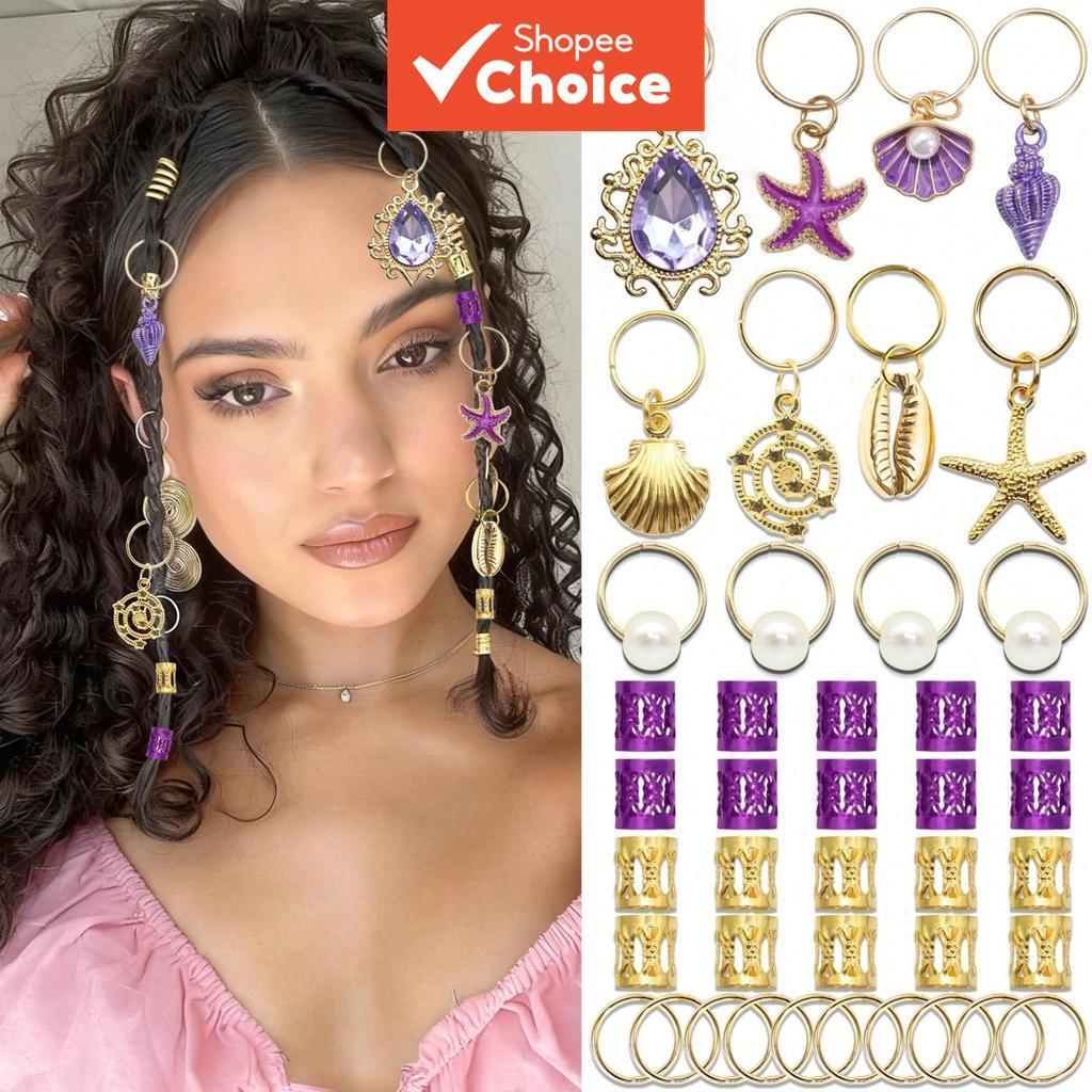สีม่วง Ocean Boho 42 ชิ้นอุปกรณ์เสริมผมชุดปลาดาว Pearl Drop Charms Gold Braids แหวน Boho คลิปผม Pins
