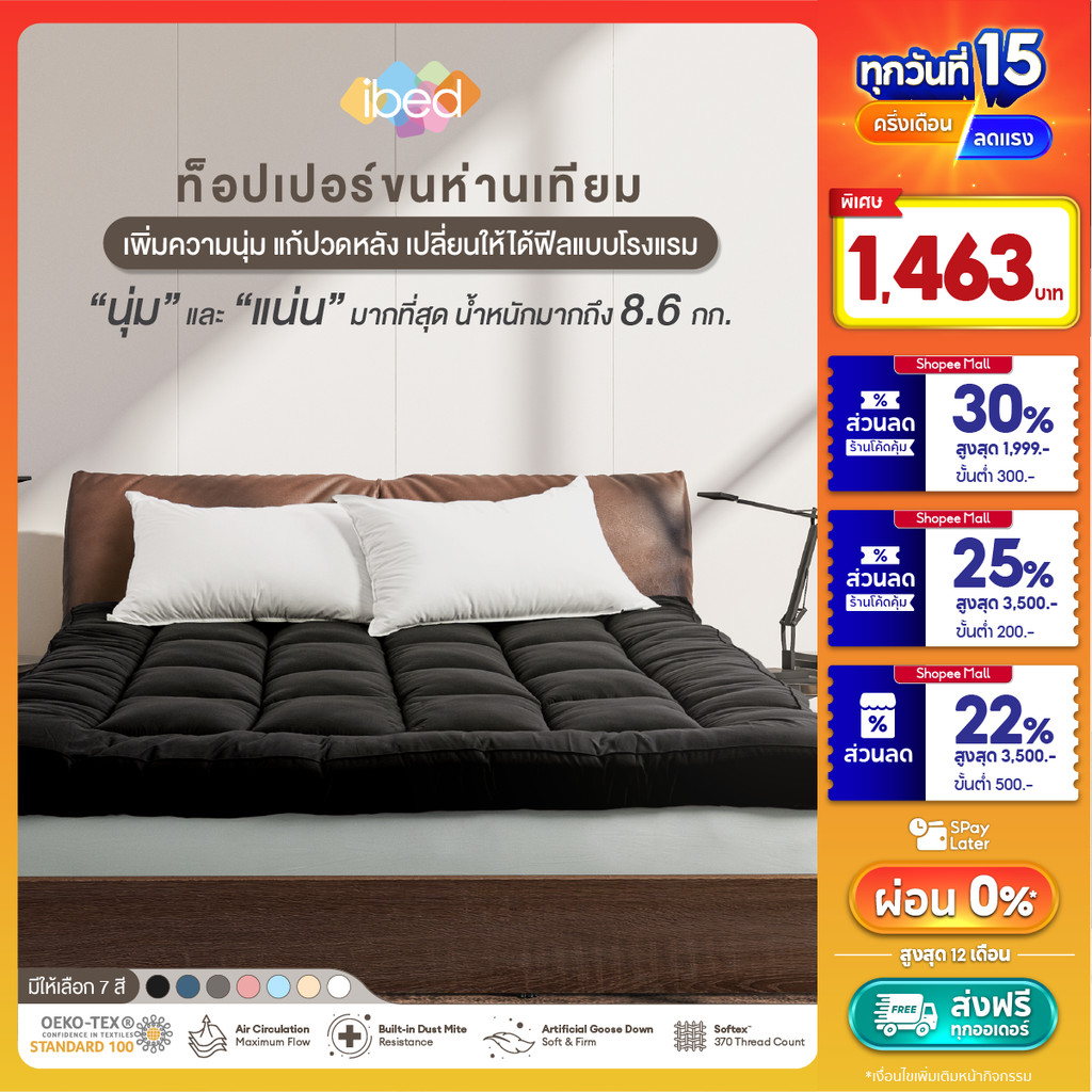 ibed Topper ท็อปเปอร์รุ่นนุ่มแน่นและรุ่น Extra ท็อปเปอร์กันไรฝุ่น หนานุ่ม (สีOnyx+Milky blue+Peach)