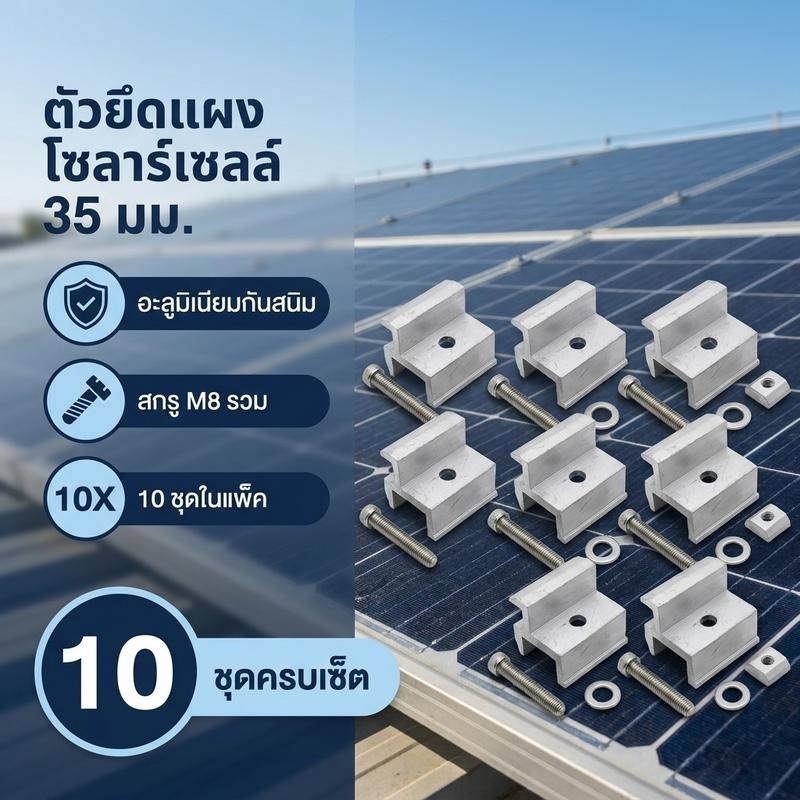 10ชิ้น อุปกรณ์แผงโซล่าเซลล์ Solar Mounting อุปกรณ์จับยึดติดตั้ง 35mm Mid End clamp ตัวยึดรางกับหลังคา รางอลูมีเนียม