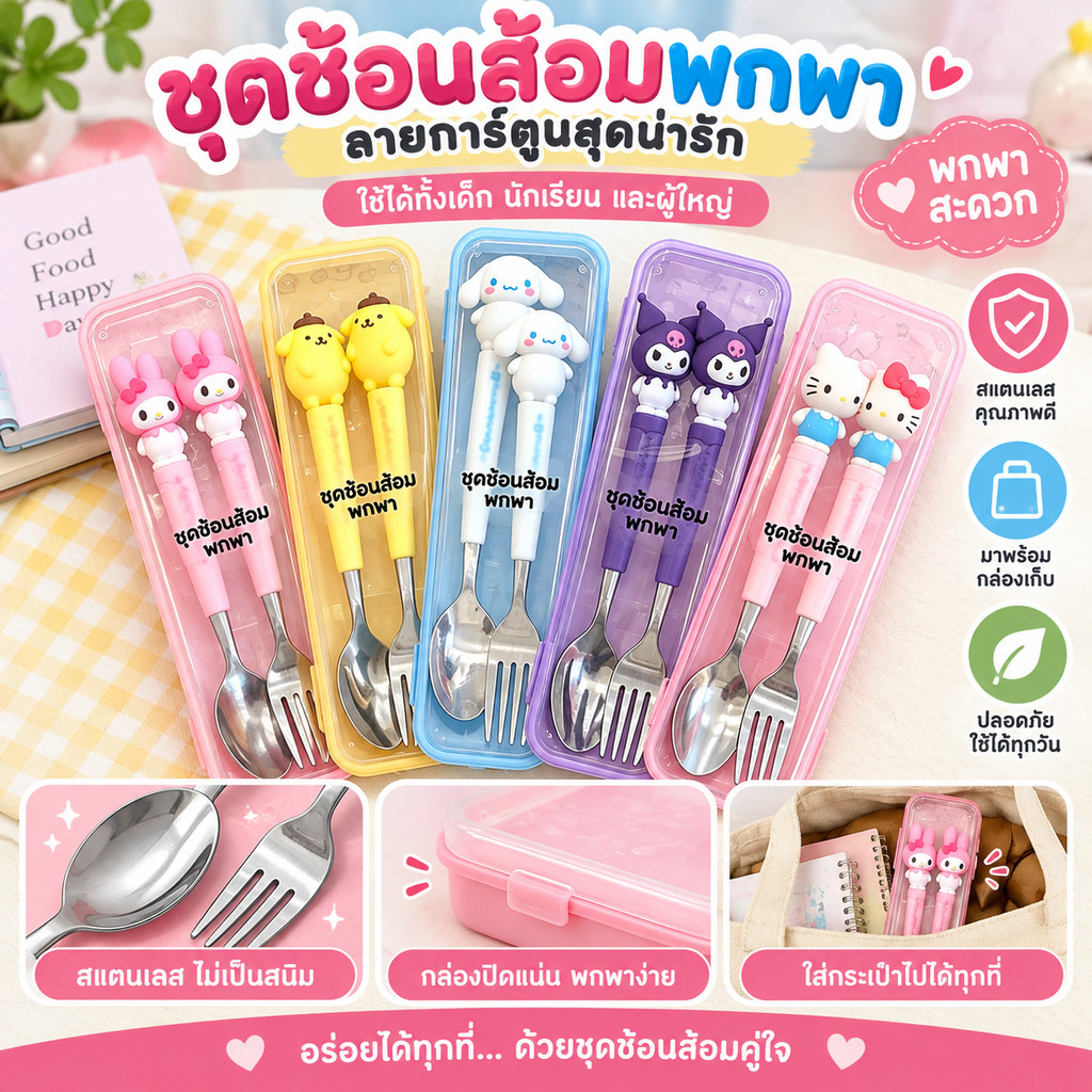 [ส่งไวจากไทย] ช้อนส้อมสแตนเลสแบบพกพา การ์ตูนน่ารัก มีกล่องเก็บ เหมาะสำหรับเด็ก นักเรียน และผู้ใหญ่