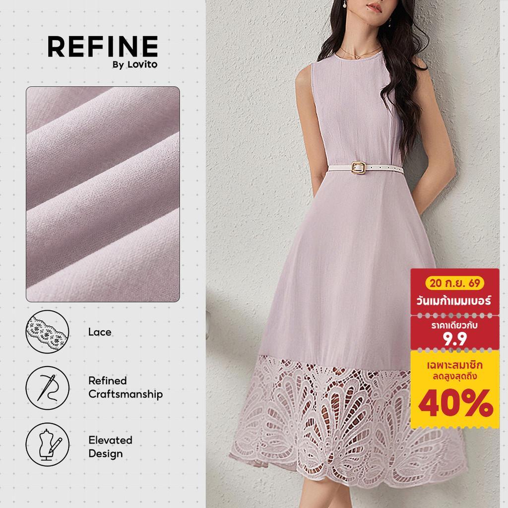 (Refine by Lovito) เดรสทำงาน ผ้าฝ้ายปักลาย ดักซับเหงื่อ ลายลูกไม้ สไตล์ไปทำงาน เดรสสีม่วงอ่อน ผู้หญิง ฤดูใบไม้ผลิ-ฤดูร้อน DRR42P1D069
