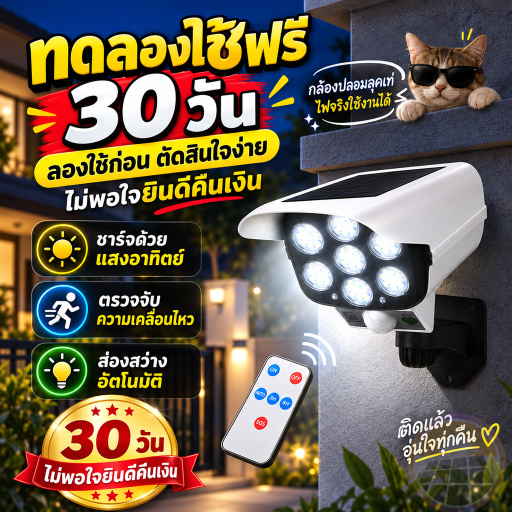 ไฟโซล่าเซลล์ ไฟติดผนัง 77LED Solar SensorLight สไตล์กล้องวงจรปิด ไฟติดผนัง 3โหมด พร้อมรีโมทคอนโทล ไฟสว่างจ้า กันน้ำทนแดด
