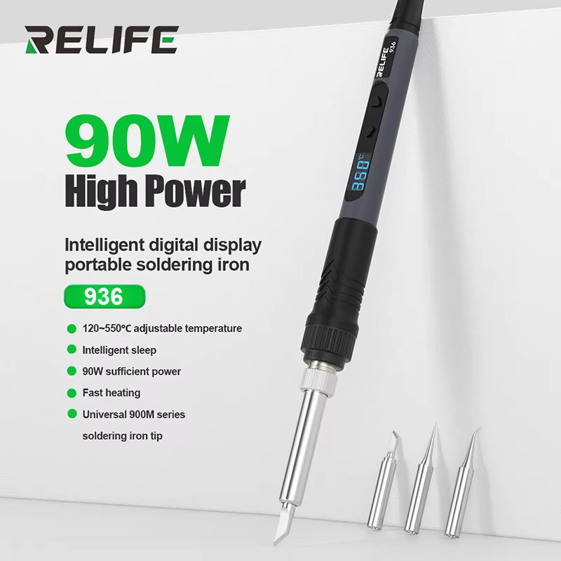 RELIFE 936 90W 220V EU จอแสดงผลดิจิตอลอัจฉริยะหัวแร้งแบบพกพา 120 ~ 550℃ ปรับสนับสนุน900มเคล็ดลับหัวแร้ง