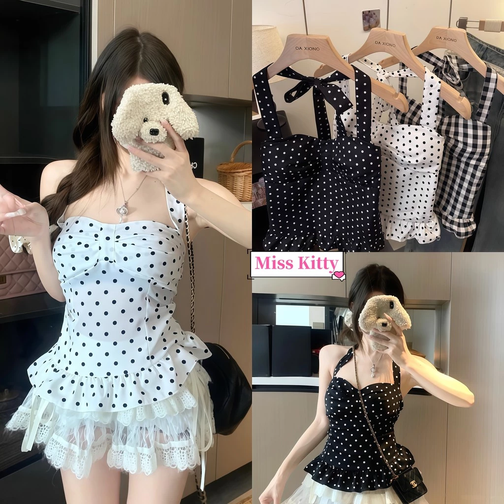 🎀Miss Kitty สายเดี่ยว เสื้อคล้องคอ ลายจุดสีขาวดำใส่สบาย น่ารักมาก เสริมฟองน้ำในตัว "FY2257"