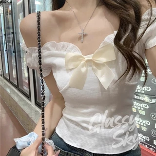 Glassy Sky 💖พร้อมส่ง💖เสื้อไหมพรม แขนสั้น น่ารักที่สุด ดีเทลสีพาสเทล แถวเข็มกัดโบว์ ขอบหยักๆ เสื้อผ้าแฟชั่นผู้หญิง E342