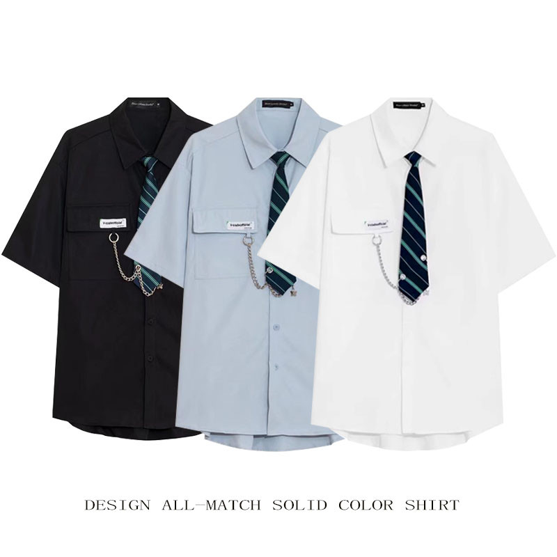 เสื้อเชิ้ตผู้ชายแขนสั้น พร้อมเนกไท แต่งโซ่กระเป๋า ดีไซน์วินเทจ ทรงหลวม ใส่ได้ทั้งผู้ชายและผู้หญิง มีหลายสี