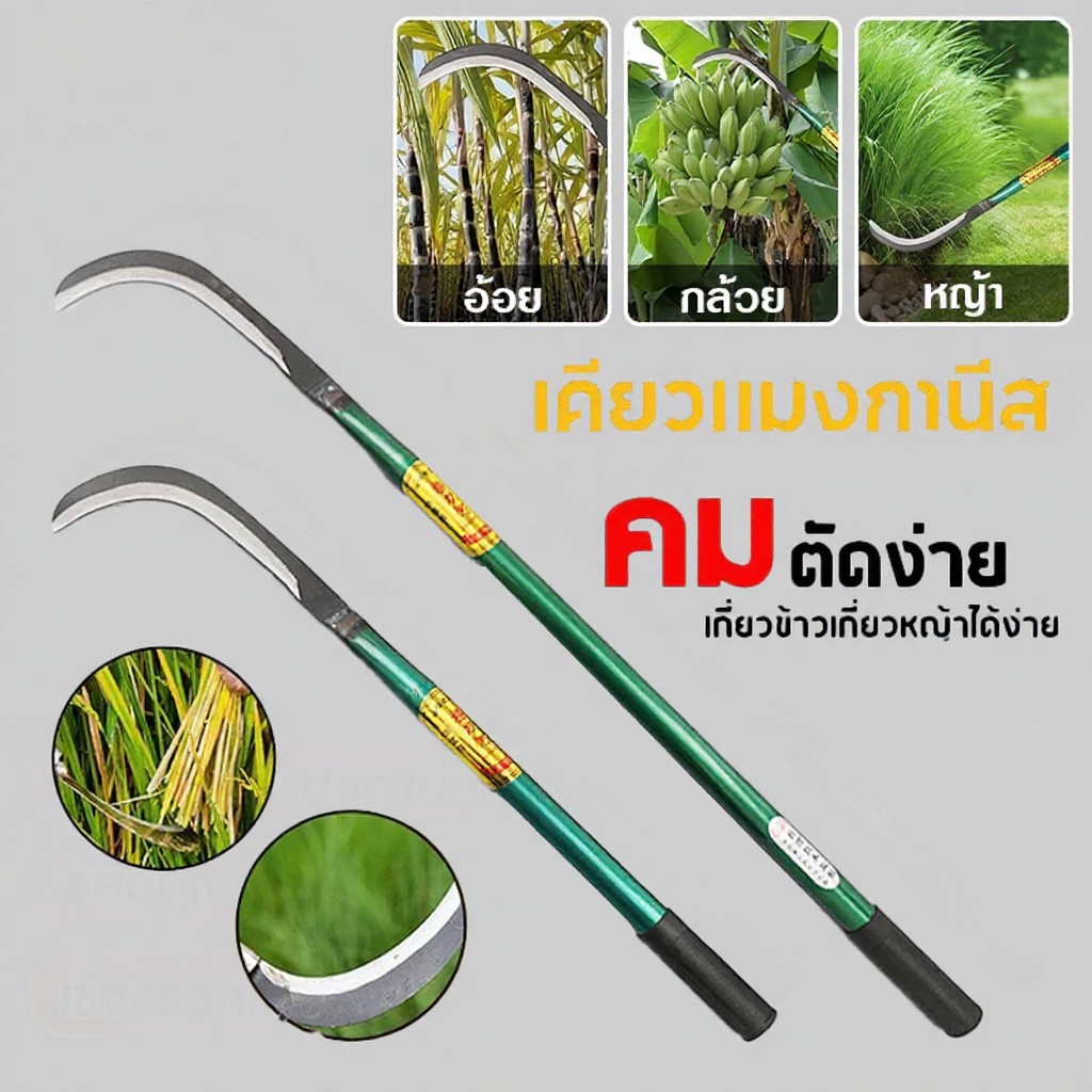 เคียวตัดหญ้า เคียวเหล็กแมงกานีส เคียวตัดแต่งกิ่ง เคียวด้ามยาว 40ซม./60ซม. อเนกประสงค์ สำหรับสับไม้ ตัดหญ้า ฯลฯ