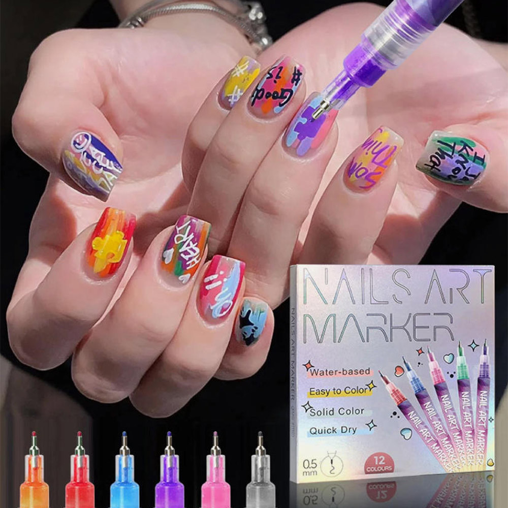 Nail Art Pens Set: 12 Colors 0.5MM 3D Nail Polish Pens Quick Drying Acrylic Paint Nail Art Markers N