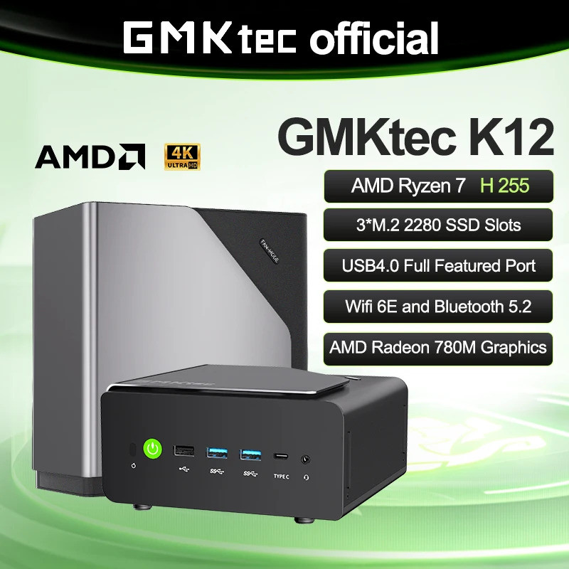 GMKtec K12 มินิพีซี AMD Ryzen™ 7 H 255 Dual DDR5 5600MT/s 3 * SSD PCIe4.0 WiFi 6 BT 5.2 Dual 2.5G LA