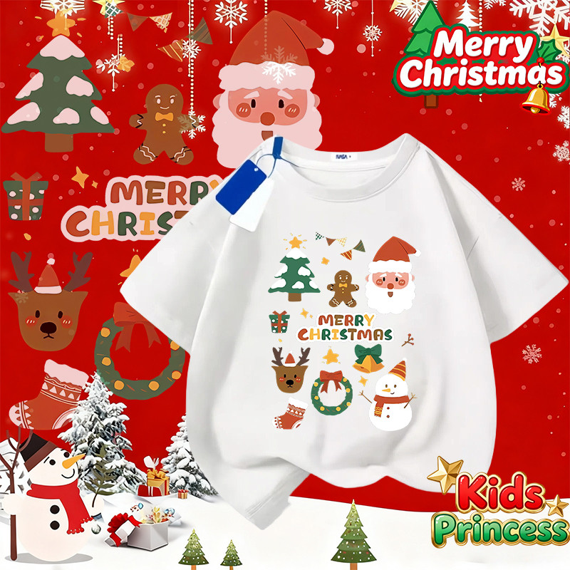 (จัดส่งตลอด 24 ชั่วโมง) สินค้าใหม่ เทศกาลคริสต์มาส เสื้อทีมงานปาร์ตี้ เสื้อสีแดง 2026 kids คอกลม Christmas t-shirt M21