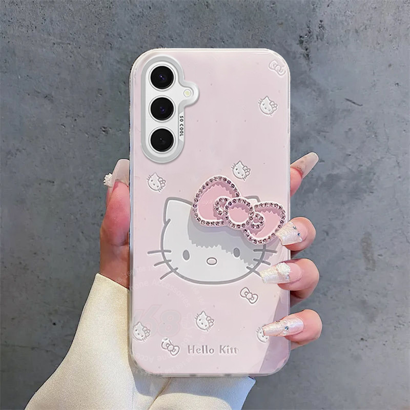 เคส Samsung A56 A55 5G Case ลายน่ารักการ์ตูนแมวพร้อมเพชร 3D สีชมพูรูปโบว์ กันกระแทกขอบซิลิโคนอ่อน สำหรับนักเรียน ผู้หญิง
