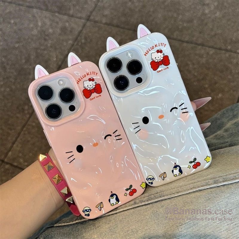 เข้ากันได้กับiPhone 17 16 15 14 13 12 11 Pro Max X XS XR XS Max 7 8 Plusเคสโทรศัพท์ 3Dหูการ์ตูนอะนิเมะWink Kt Cat Waveนุ่มปกหลัง
