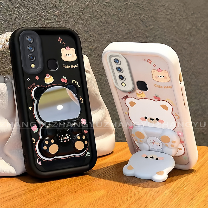 เหมาะสําหรับ VIVO Y11 Y12 Y15 Y17 Y19 เคสโทรศัพท์ใหม่น่ารักหมีกระจกขาตั้ง lprotective พร้อมความงามปกอ่อน JT07
