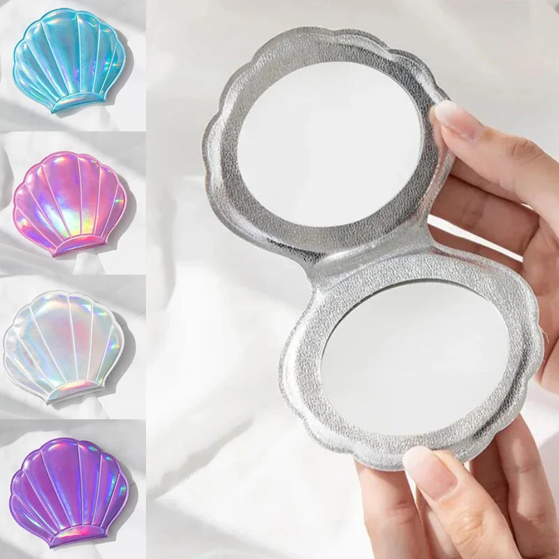Rainbow สีกระจกขนาดเล็ก Mermaid Shell- รูปร่างแบบพกพากระจกแต่งหน้าสองด้านสําหรับสาวผู้หญิงเครื่องมือความงาม