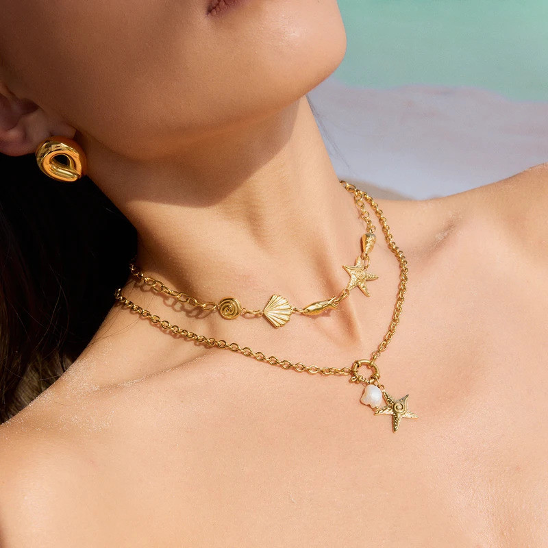 Uworld Ocean Resort Wind Hammer Pattern Sea Star Small Fish Necklace Stainless Steel Sea Conch Stack