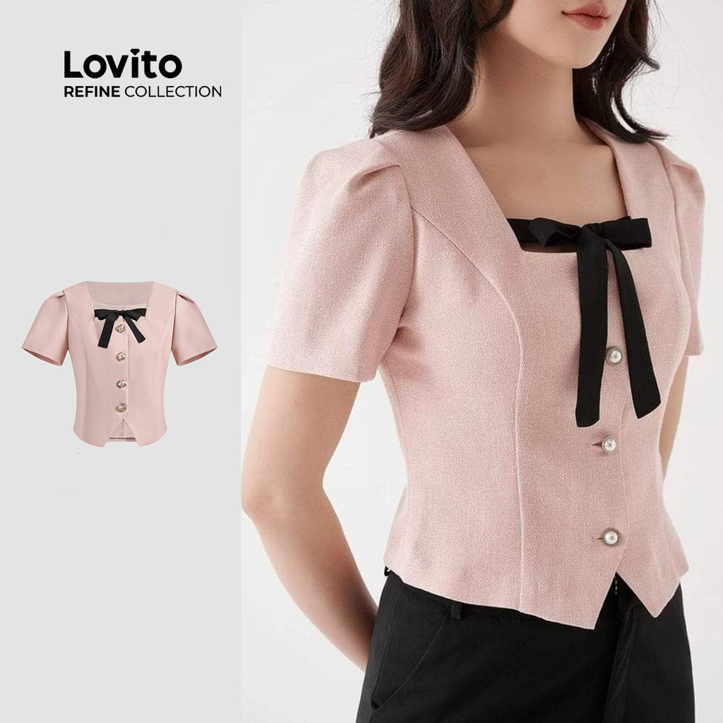 (Lovito Refine) เสื้อเบลาส์ลูกไม้สีพื้นหรูหราสําหรับผู้หญิง LR7LD071